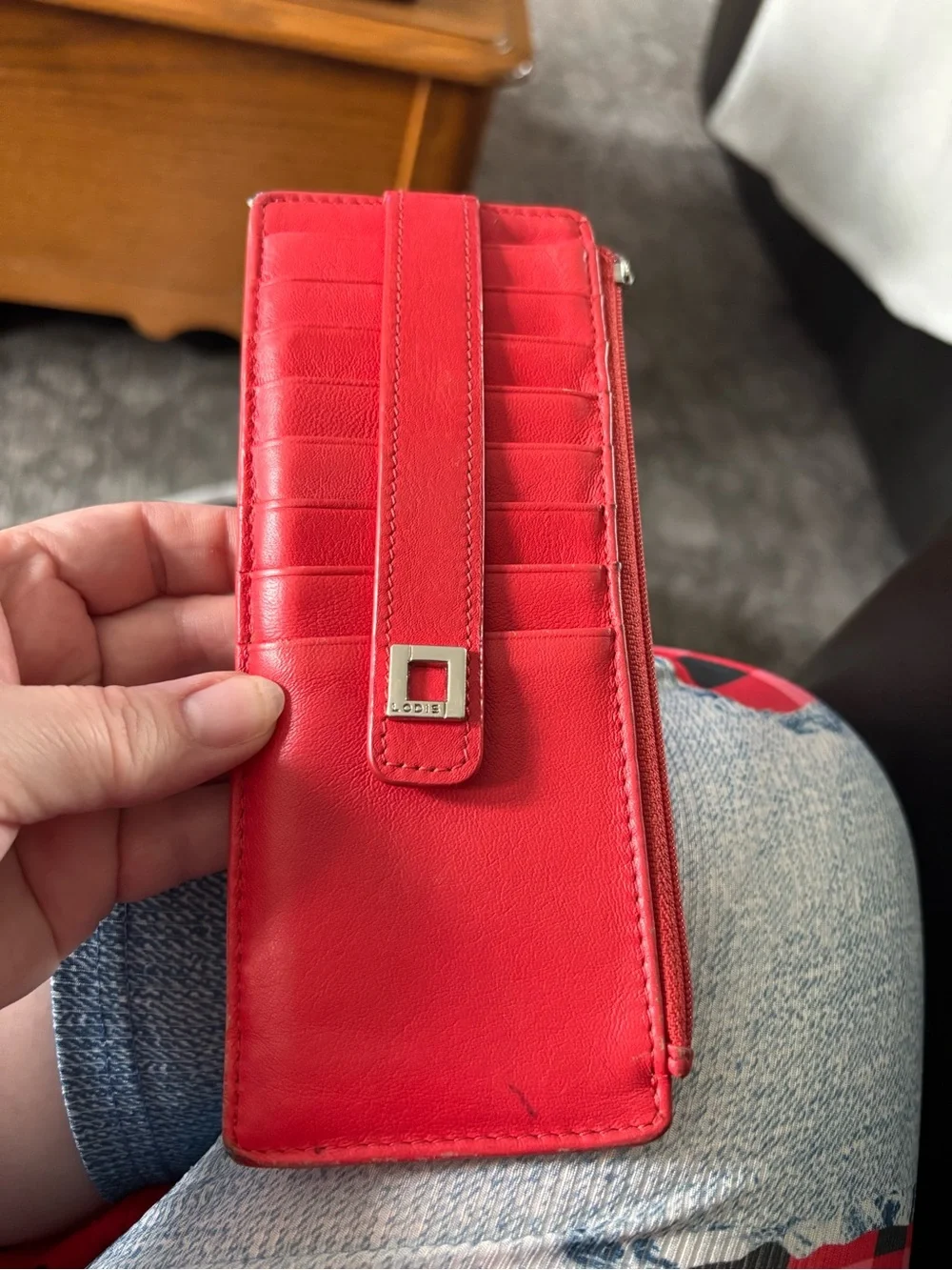 Lodis Red Leather Card Wallet with snap Strap zippered compartment w ID slot